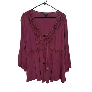 TORRID Womens Blouse Size 1 (1X) Burgundy Boho Lace-Up V-Neck Plus Size Trendy